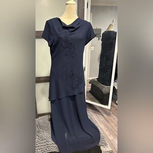 Positive Attitude Navy Blue Beaded Midi Dress Women's 14 Sheer Overlay MOTB